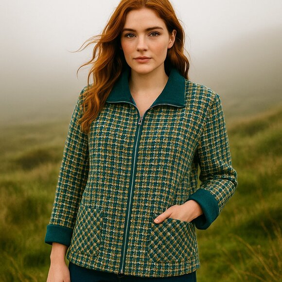 Boyne Valley Weavers Ireland Large Green Wool Vintage Zip Up Tweed Coat Cottage - Picture 1 of 7